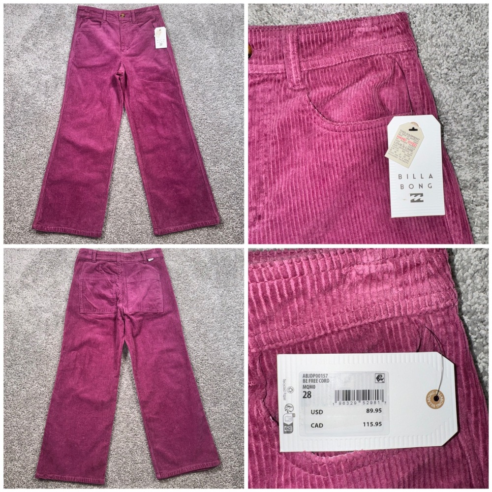 Billabong Be Free Cord Women Wide Leg Stretch Pants Magenta 28 NEW